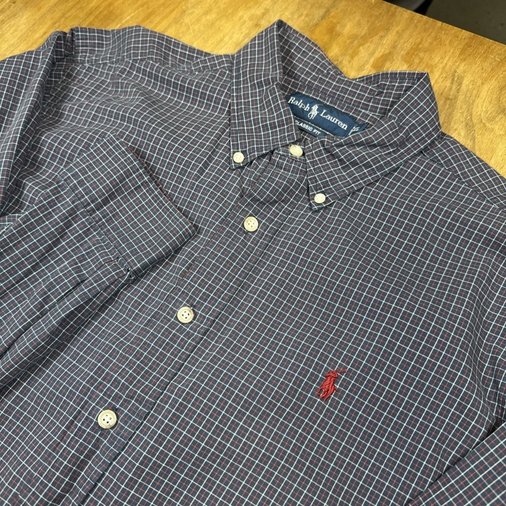 Ralph‎ Lauren Button Down Shirt Men's XL Blue/Red Plaid Custom Fit